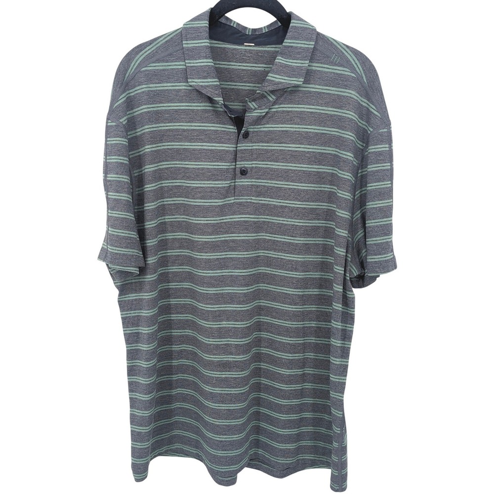 Lululemon Polo Shirt Mens L/XL Gray Green Striped Golf Short Sleeve Athleisure